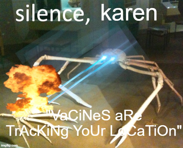 SILENCE, SILENCE! | karen; "VaCiNeS aRe TrAcKiNg YoUr LoCaTiOn" | image tagged in silence crab | made w/ Imgflip meme maker