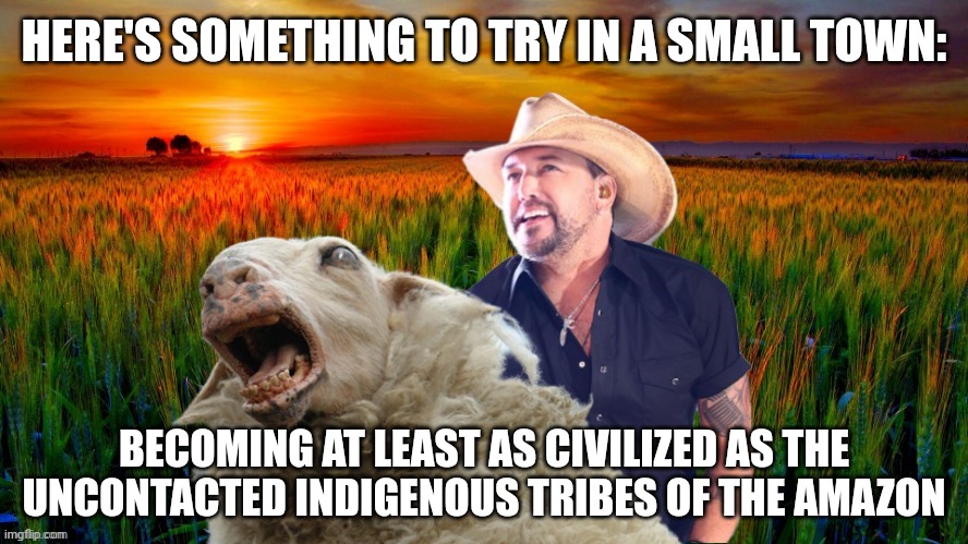 Uncontacted peoples "live without sustained contact with neighboring communities and the world community". | HERE'S SOMETHING TO TRY IN A SMALL TOWN:; BECOMING AT LEAST AS CIVILIZED AS THE UNCONTACTED INDIGENOUS TRIBES OF THE AMAZON | image tagged in try that in a small town,civilization,jason aldean,country music,fear,xenophobia | made w/ Imgflip meme maker
