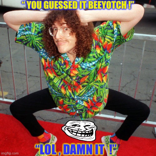 U Guessed It !!!  : ) | “ YOU GUESSED IT BEEYOTCH !”; “LOL , DAMN IT  !” | image tagged in weird al | made w/ Imgflip meme maker