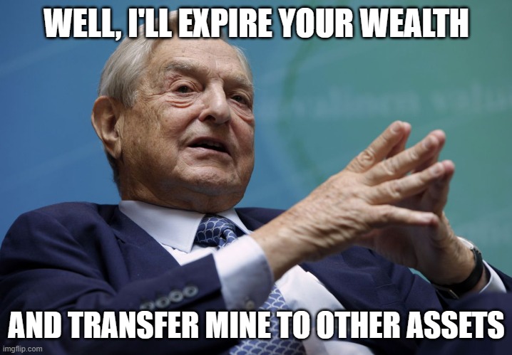 George Soros | WELL, I'LL EXPIRE YOUR WEALTH AND TRANSFER MINE TO OTHER ASSETS | image tagged in george soros | made w/ Imgflip meme maker