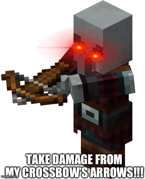Pillager | TAKE DAMAGE FROM MY CROSSBOW’S ARROWS!!! | image tagged in pillager | made w/ Imgflip meme maker