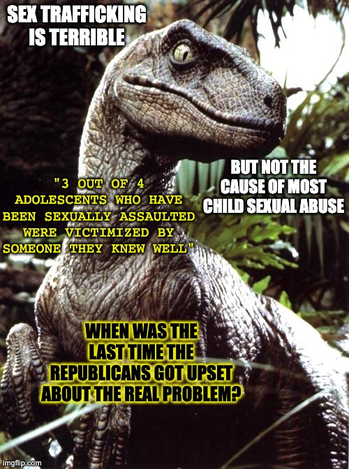 Velociraptor | SEX TRAFFICKING IS TERRIBLE BUT NOT THE CAUSE OF MOST CHILD SEXUAL ABUSE WHEN WAS THE LAST TIME THE REPUBLICANS GOT UPSET ABOUT THE REAL PRO | image tagged in velociraptor | made w/ Imgflip meme maker