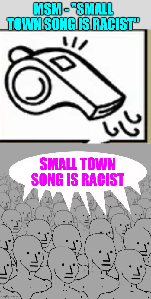 Misleadia propaganda cult whistle... | MSM - "SMALL TOWN SONG IS RACIST"; SMALL TOWN SONG IS RACIST | image tagged in npc,media lies | made w/ Imgflip meme maker