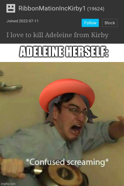 This user really hates a kirby character... | ADELEINE HERSELF: | image tagged in kirby,confused screaming | made w/ Imgflip meme maker