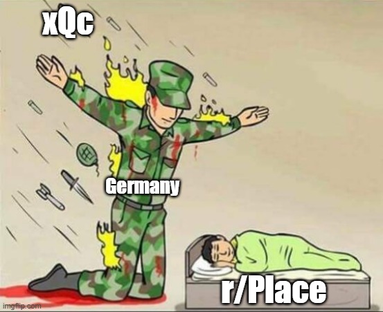 Soldier protecting sleeping child | xQc; Germany; r/Place | image tagged in soldier protecting sleeping child,memes | made w/ Imgflip meme maker