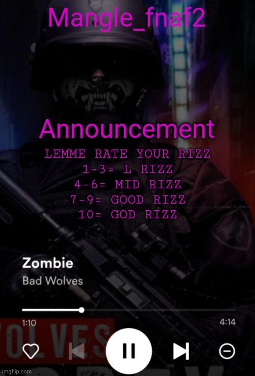 Mangle_fnaf2 secondary announcement template | LEMME RATE YOUR RIZZ

1-3= L RIZZ

4-6= MID RIZZ

7-9= GOOD RIZZ

10= GOD RIZZ | image tagged in mangle_fnaf2 secondary announcement template | made w/ Imgflip meme maker