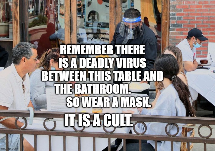 Masked Waiter | REMEMBER THERE IS A DEADLY VIRUS BETWEEN THIS TABLE AND THE BATHROOM.                  SO WEAR A MASK. IT IS A CULT. | image tagged in masked waiter | made w/ Imgflip meme maker