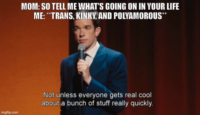 Not unless everyone gets real cool about a bunch of stuff | MOM: SO TELL ME WHAT'S GOING ON IN YOUR LIFE
ME: **TRANS, KINKY, AND POLYAMOROUS** | image tagged in not unless everyone gets real cool about a bunch of stuff,transgender,trans,kinky,poly,polyamory | made w/ Imgflip meme maker