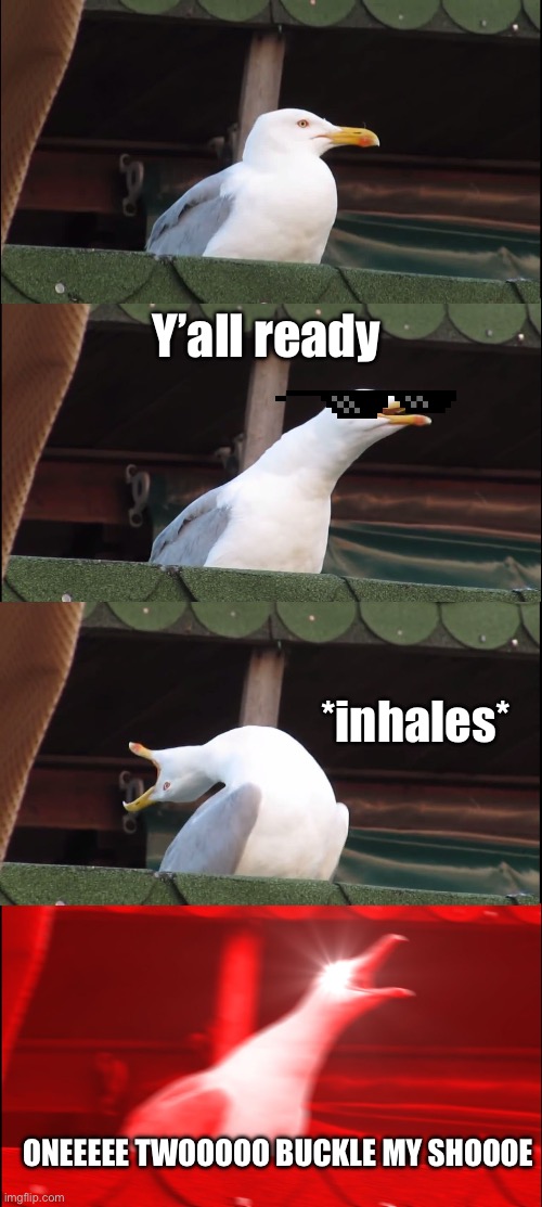 Inhaling Seagull | Y’all ready; *inhales*; ONEEEEE TWOOOOO BUCKLE MY SHOOOE | image tagged in memes,inhaling seagull | made w/ Imgflip meme maker