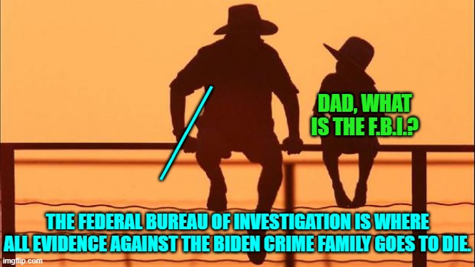 Yep, pretty much. | DAD, WHAT IS THE F.B.I.? ____; THE FEDERAL BUREAU OF INVESTIGATION IS WHERE ALL EVIDENCE AGAINST THE BIDEN CRIME FAMILY GOES TO DIE. | image tagged in cowboy father and son | made w/ Imgflip meme maker