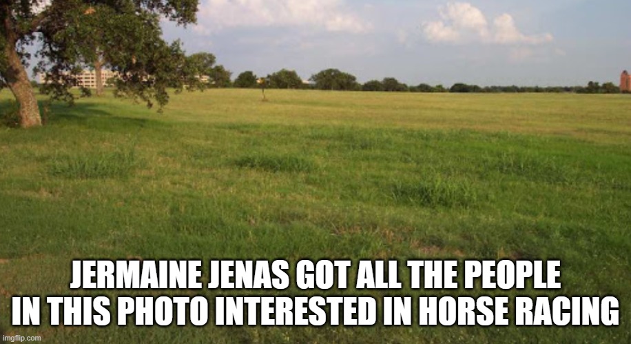 Empty grassy field | JERMAINE JENAS GOT ALL THE PEOPLE IN THIS PHOTO INTERESTED IN HORSE RACING | image tagged in empty grassy field | made w/ Imgflip meme maker