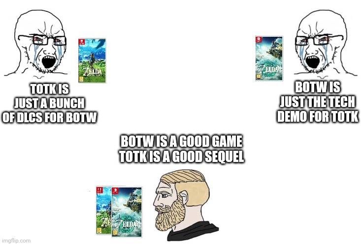 BotW and TotK opinions | BOTW IS JUST THE TECH DEMO FOR TOTK; TOTK IS JUST A BUNCH OF DLCS FOR BOTW; BOTW IS A GOOD GAME
TOTK IS A GOOD SEQUEL | image tagged in soyboy vs yes chad,legend of zelda,zelda,the legend of zelda,the legend of zelda breath of the wild,video games | made w/ Imgflip meme maker