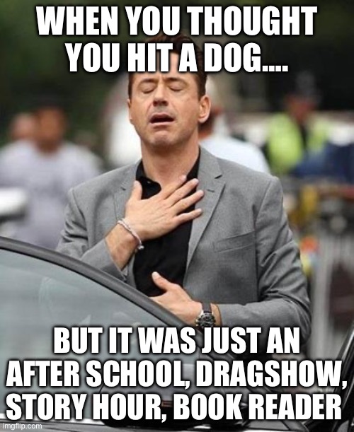 Robert Downy Jr | WHEN YOU THOUGHT YOU HIT A DOG…. BUT IT WAS JUST AN AFTER SCHOOL, DRAGSHOW, STORY HOUR, BOOK READER | image tagged in robert downy jr,drag queen,pedophiles,republicans,donald trump | made w/ Imgflip meme maker