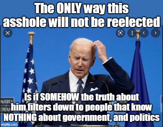 And somehow I don't see it happening | The ONLY way this asshole will not be reelected; Is if SOMEHOW the truth about him filters down to people that know NOTHING about government, and politics | image tagged in 4 more years of the jag off | made w/ Imgflip meme maker