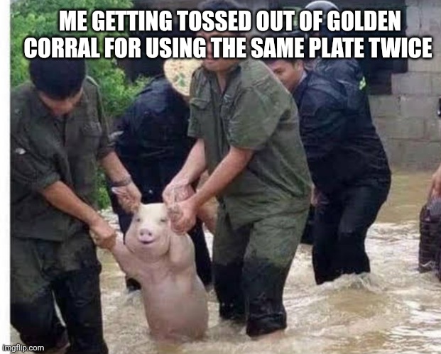ME GETTING TOSSED OUT OF GOLDEN CORRAL FOR USING THE SAME PLATE TWICE | image tagged in funny memes | made w/ Imgflip meme maker