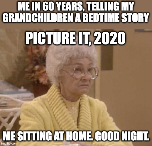 Sophia Golden Girls | ME IN 60 YEARS, TELLING MY GRANDCHILDREN A BEDTIME STORY; PICTURE IT, 2020; ME SITTING AT HOME. GOOD NIGHT. | image tagged in sophia golden girls | made w/ Imgflip meme maker