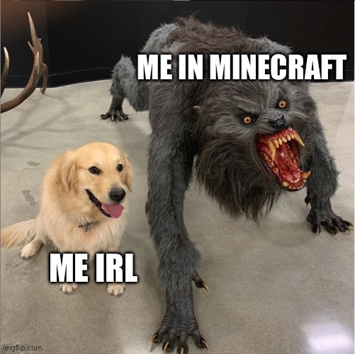 I like to prank people in Minecraft | ME IN MINECRAFT; ME IRL | image tagged in dog vs werewolf,good dog scary dog,dog,minecraft,minecraft memes,dogs | made w/ Imgflip meme maker