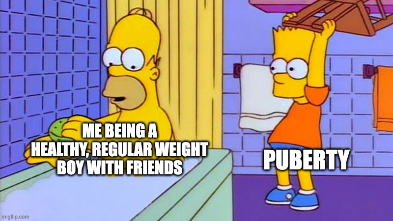 bart hitting homer with a chair | PUBERTY; ME BEING A HEALTHY, REGULAR WEIGHT BOY WITH FRIENDS | image tagged in bart hitting homer with a chair | made w/ Imgflip meme maker