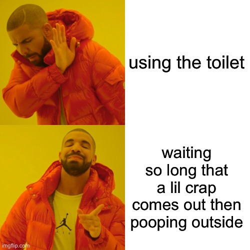 Drake Hotline Bling Meme | using the toilet; waiting so long that a lil crap comes out then pooping outside | image tagged in memes,drake hotline bling | made w/ Imgflip meme maker