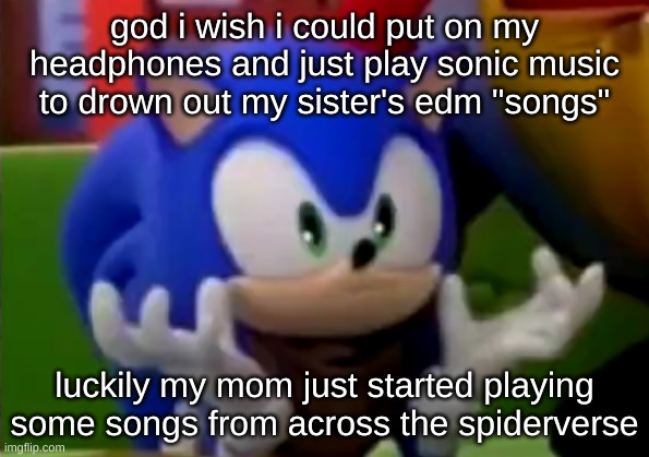 "am i dreaming" is infinitely better than the bs i had to put up with before | god i wish i could put on my headphones and just play sonic music to drown out my sister's edm "songs"; luckily my mom just started playing some songs from across the spiderverse | image tagged in sonic annoyed | made w/ Imgflip meme maker
