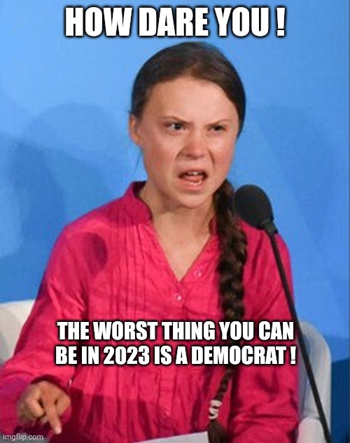 Greta Thunberg how dare you | HOW DARE YOU ! THE WORST THING YOU CAN BE IN 2023 IS A DEMOCRAT ! | image tagged in greta thunberg how dare you | made w/ Imgflip meme maker