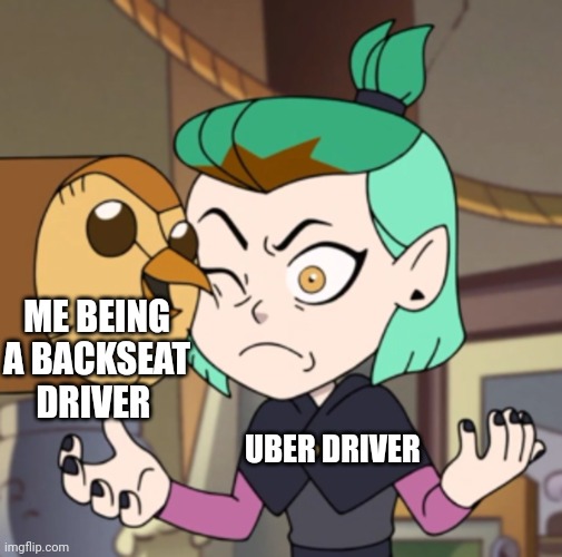 Imma backseat driver | ME BEING A BACKSEAT DRIVER; UBER DRIVER | image tagged in hooty in amity's space the owl house | made w/ Imgflip meme maker