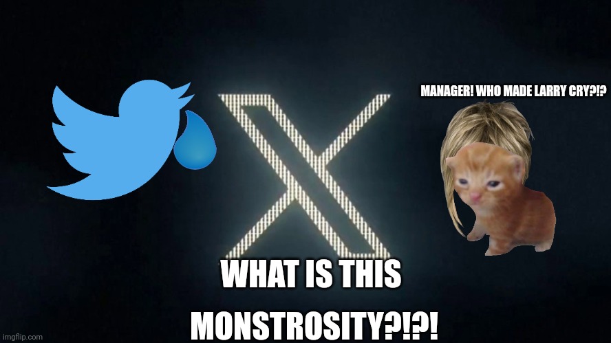 X | MANAGER! WHO MADE LARRY CRY?!? WHAT IS THIS; MONSTROSITY?!?! | image tagged in twitter x | made w/ Imgflip meme maker
