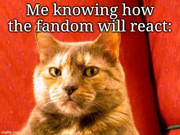 Suspicious Cat Meme | Me knowing how the fandom will react: | image tagged in memes,suspicious cat | made w/ Imgflip meme maker