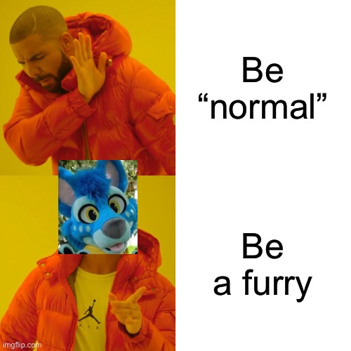 Credit to odds1out for the fursuit head image (no joke that’s literally his) | Be “normal”; Be a furry | image tagged in memes,drake hotline bling | made w/ Imgflip meme maker