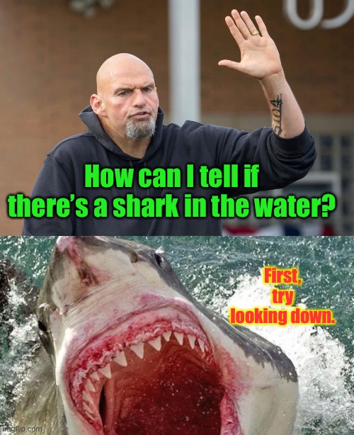 Yeah!  It’s Shark Week, Baby! | How can I tell if there’s a shark in the water? First, try looking down. | image tagged in fetterman,shark week | made w/ Imgflip meme maker