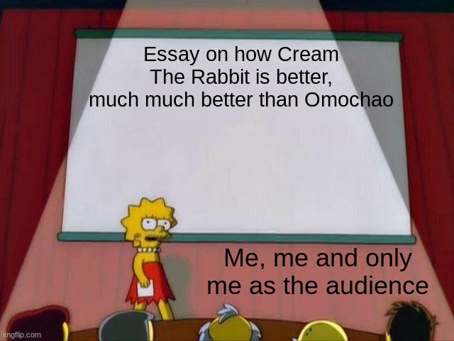 Based on a true story on how I made an essay about how much better Cream The Rabbit is than Omochao | Essay on how Cream The Rabbit is better, much much better than Omochao; Me, me and only me as the audience | image tagged in lisa simpson's presentation | made w/ Imgflip meme maker