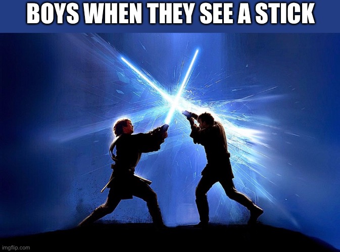Boys | BOYS WHEN THEY SEE A STICK | image tagged in lightsaber battle,boys | made w/ Imgflip meme maker
