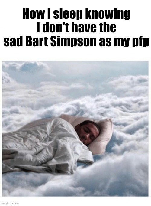 How I sleep knowing | How I sleep knowing I don't have the sad Bart Simpson as my pfp | image tagged in how i sleep knowing | made w/ Imgflip meme maker