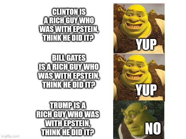 Shrek wrecked | CLINTON IS A RICH GUY WHO WAS WITH EPSTEIN, THINK HE DID IT? YUP; BILL GATES IS A RICH GUY WHO WAS WITH EPSTEIN, THINK HE DID IT? YUP; TRUMP IS A RICH GUY WHO WAS WITH EPSTEIN, THINK HE DID IT? NO | image tagged in shrek screaming | made w/ Imgflip meme maker