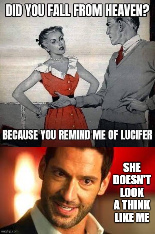 Remind me of Lucifer | SHE DOESN'T LOOK A THINK LIKE ME | image tagged in lucifer,fallen | made w/ Imgflip meme maker