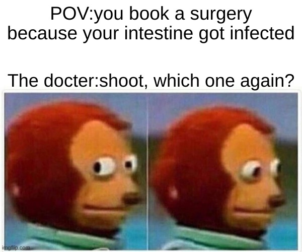 Monkey Puppet | POV:you book a surgery because your intestine got infected; The docter:shoot, which one again? | image tagged in memes,monkey puppet | made w/ Imgflip meme maker