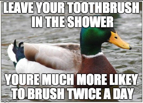 Actual Advice Mallard | LEAVE YOUR TOOTHBRUSH IN THE SHOWER YOURE MUCH MORE LIKEY TO BRUSH TWICE A DAY | image tagged in memes,actual advice mallard,AdviceAnimals | made w/ Imgflip meme maker