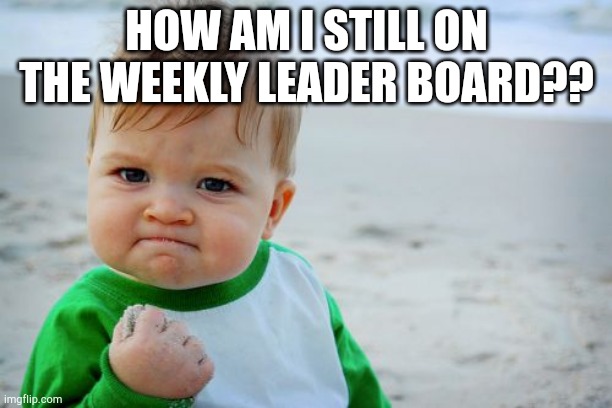 Success Kid Original Meme | HOW AM I STILL ON THE WEEKLY LEADER BOARD?? | image tagged in memes,success kid original | made w/ Imgflip meme maker