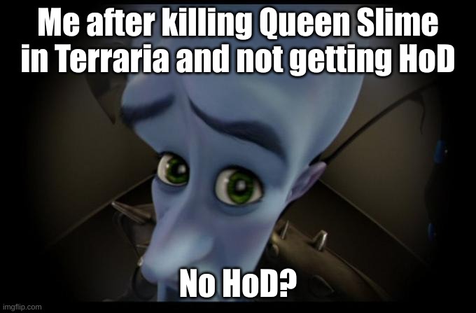 No Hook of Dissonance? | Me after killing Queen Slime in Terraria and not getting HoD; No HoD? | image tagged in no b es | made w/ Imgflip meme maker