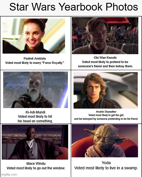 Star Wars Yearbook Photos | Star Wars Yearbook Photos; Obi Wan Kenobi
Voted most likely to pretend to be
 someone's friend and then betray them. Padmé Amidala
Voted most likely to marry "Force Royalty."; Anakin Skywalker
Voted most likely to get the girl,
and be betrayed by someone pretending to be his friend. Ki-Adi-Mundi
Voted most likely to hit 
his head on something. Yoda
Voted most likely to live in a swamp. Mace Windu
Voted most likely to go out the window. | image tagged in 6 square grid,star wars,funny | made w/ Imgflip meme maker