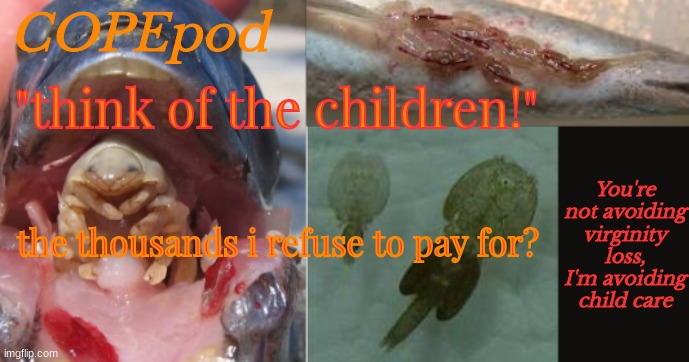 COPEpod's announcement template | "think of the children!"; the thousands i refuse to pay for? | image tagged in copepod's announcement template | made w/ Imgflip meme maker