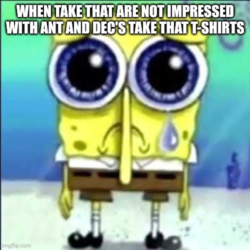 Sad Spongebob | WHEN TAKE THAT ARE NOT IMPRESSED WITH ANT AND DEC'S TAKE THAT T-SHIRTS | image tagged in sad spongebob | made w/ Imgflip meme maker