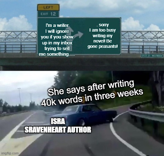 sorry I'm too busy writing my novel book writing meme | I'm a writer I will ignore you if you show up in my inbox trying to sell me something..... . sorry I am too busy writing my novel! Be gone peasants! She says after writing 40k words in three weeks; ISRA SRAVENHEART AUTHOR | image tagged in memes,left exit 12 off ramp,writing,book,writer | made w/ Imgflip meme maker