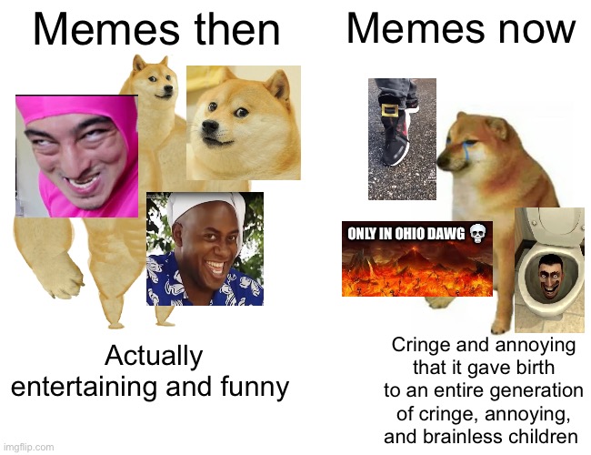 What happened to the meme community nowadays? :( | Memes then; Memes now; ONLY IN OHIO DAWG 💀; Actually entertaining and funny; Cringe and annoying that it gave birth to an entire generation of cringe, annoying, and brainless children | image tagged in memes,buff doge vs cheems | made w/ Imgflip meme maker