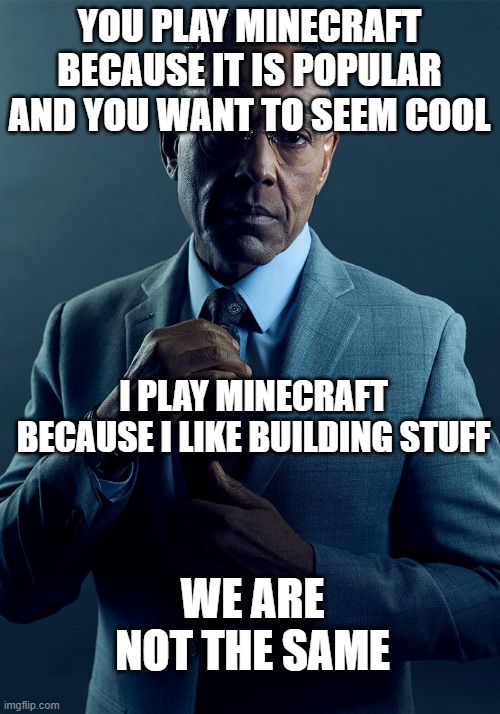 Gus Fring we are not the same | YOU PLAY MINECRAFT BECAUSE IT IS POPULAR AND YOU WANT TO SEEM COOL; I PLAY MINECRAFT BECAUSE I LIKE BUILDING STUFF; WE ARE NOT THE SAME | image tagged in gus fring we are not the same | made w/ Imgflip meme maker