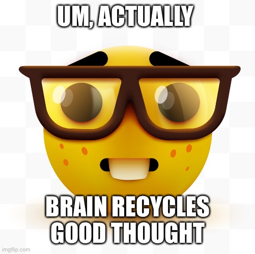 Nerd emoji | UM, ACTUALLY BRAIN RECYCLES GOOD THOUGHT | image tagged in nerd emoji | made w/ Imgflip meme maker