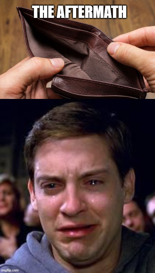 THE AFTERMATH | image tagged in empty wallet,peter parker crying | made w/ Imgflip meme maker