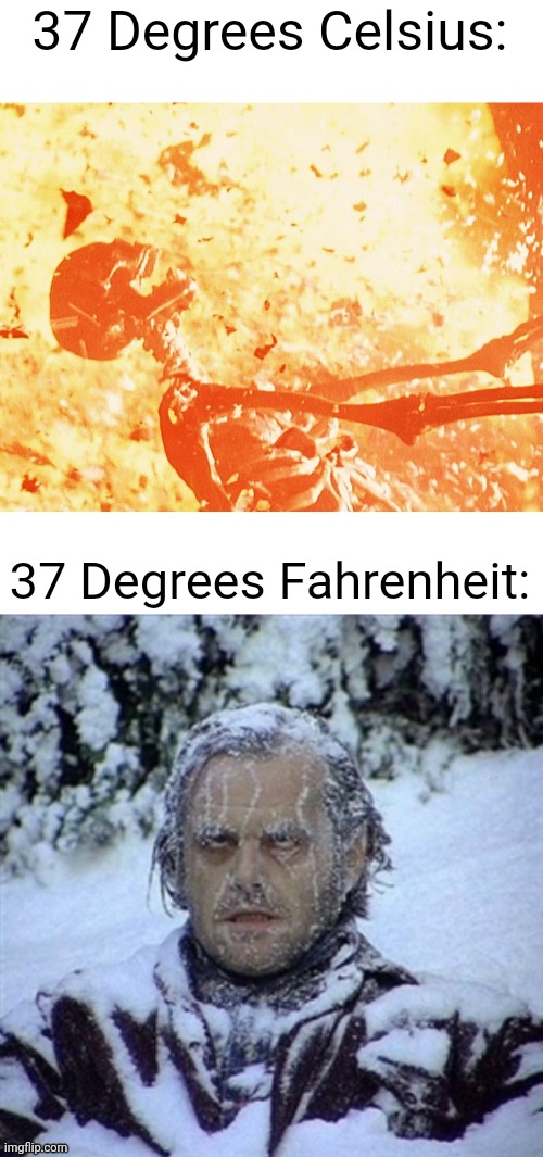 E | 37 Degrees Celsius:; 37 Degrees Fahrenheit: | image tagged in fire skeleton,memes,funny,europe,usa | made w/ Imgflip meme maker