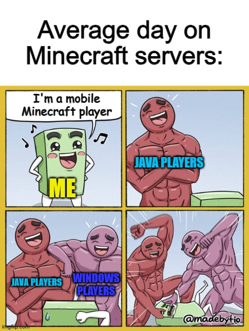 I get absolutely destroyed every time :( | Average day on Minecraft servers:; I'm a mobile Minecraft player; JAVA PLAYERS; ME; JAVA PLAYERS; WINDOWS PLAYERS | image tagged in guy getting beat up | made w/ Imgflip meme maker
