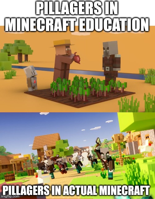Pillagers | PILLAGERS IN MINECRAFT EDUCATION; PILLAGERS IN ACTUAL MINECRAFT | image tagged in pillagers | made w/ Imgflip meme maker